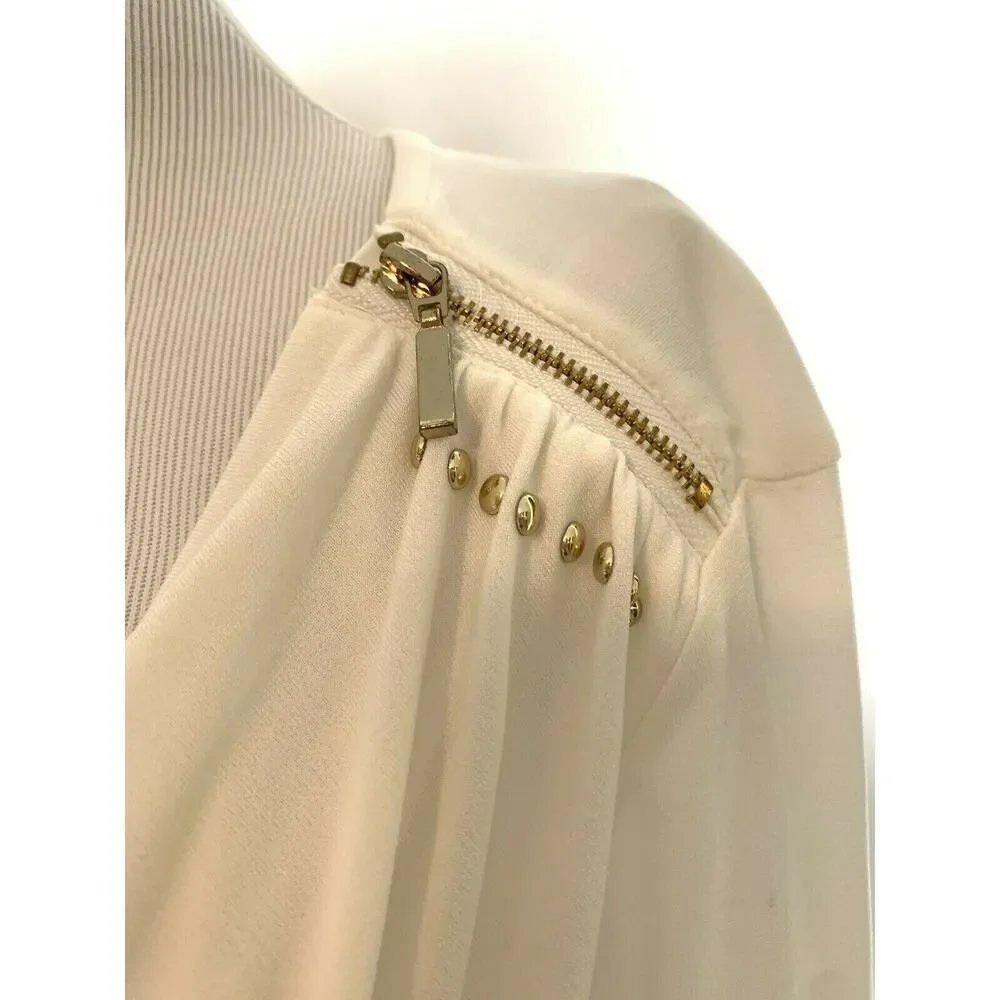 $225 CARMEN MARC VALVO White 3/4 Sleeve Slinky Blouse Tunic Gold Zipper Detail M - Picture 4 of 8